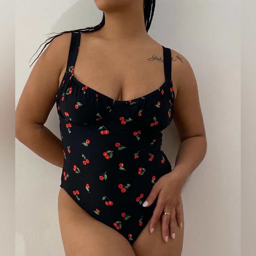 WeWoreWhat Ruched Cup cherries One-Piece